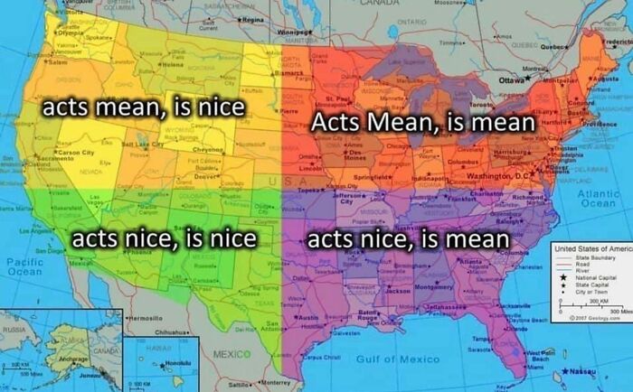 US regional map showing different language patterns of "acts mean" and "is nice" highlighting interesting geography facts.