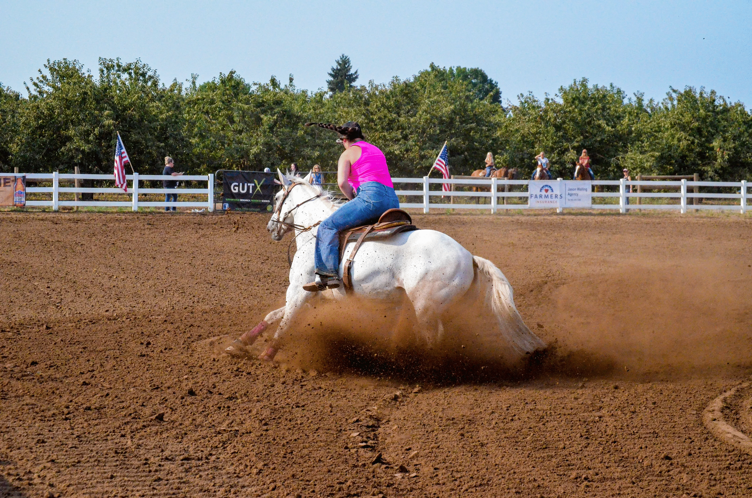 Rider in a bright pink top steering a white horse kicking up dirt during an outdoor animal rodeo event.