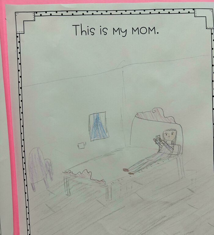 Child's drawing of a person lying in bed with the caption This is my mom showing witty humor in simple art.