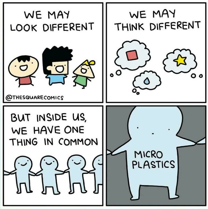 Cartoon showing diversity in appearance and thought, but all humans share microplastics inside, reflecting modern life and boring dystopia.