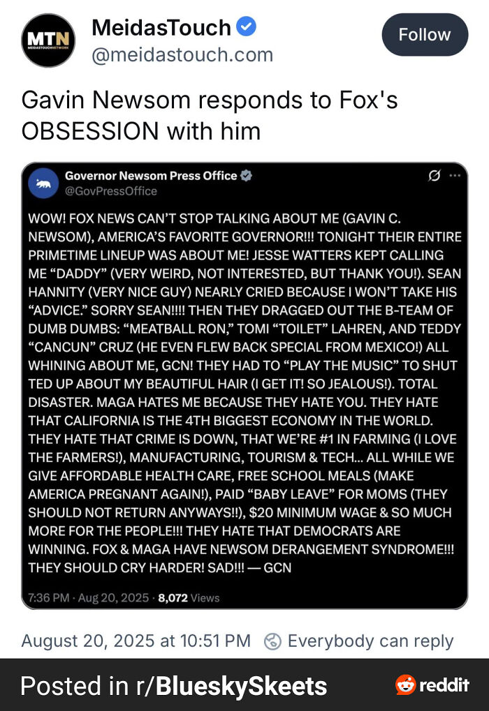 Screenshot of a chaotic good social media post where Gavin Newsom responds humorously to Fox News obsession with him.