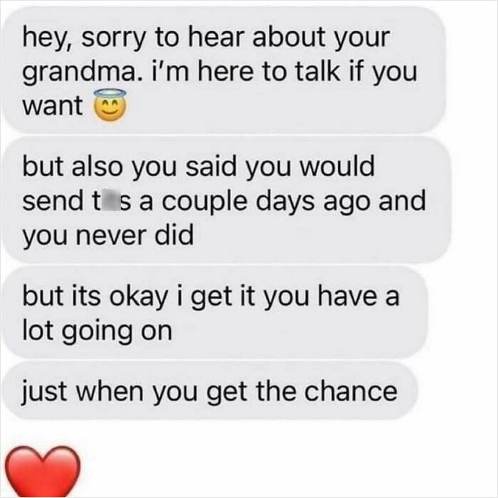 Screenshot of a cringy text message from a man showing awkward persistence and sympathy in online conversations.