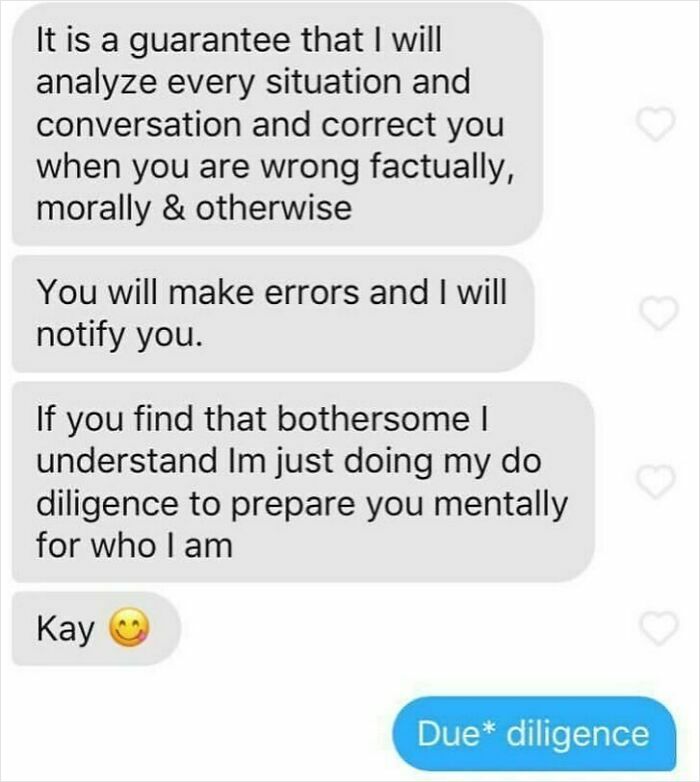 Text message screenshot showing a cringy man insisting on correcting and mentally preparing a woman.