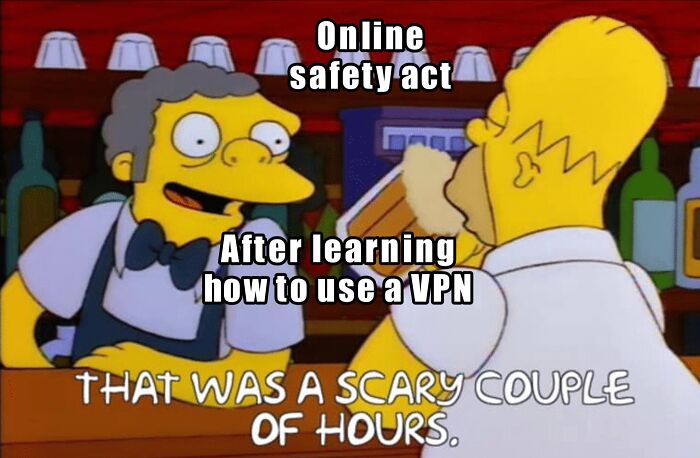 Chaotic British meme featuring Simpsons characters discussing online safety act and using a VPN in a pub setting.