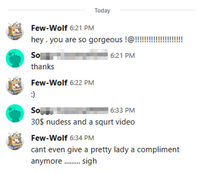 Chat conversation showing an attempt to give a compliment that was met with a commercial request, illustrating times when there was an attempt.