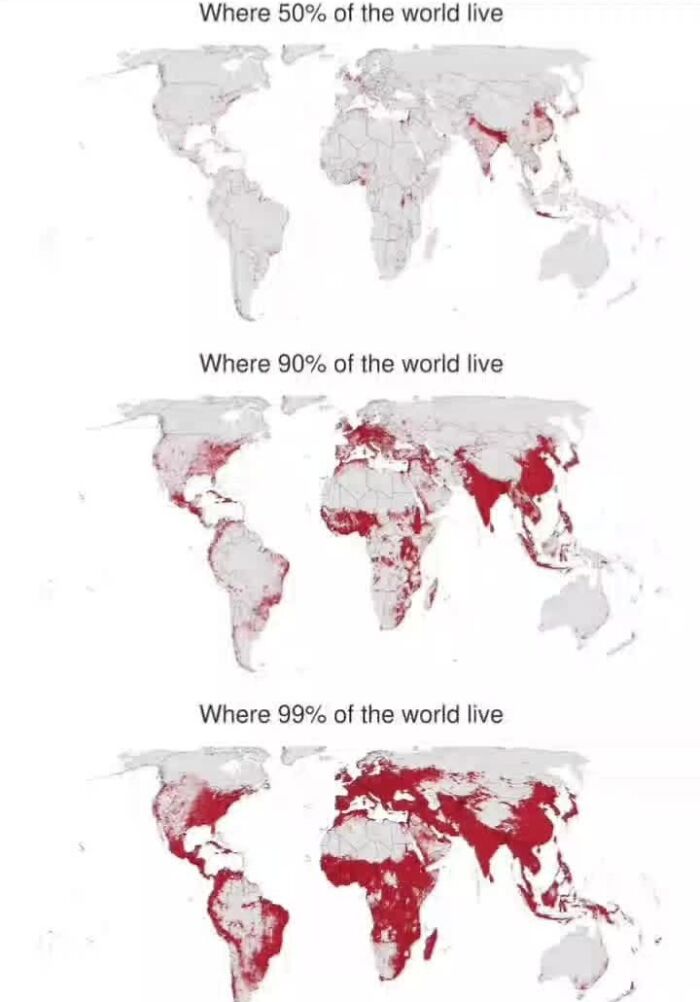 World population distribution maps showing where 50%, 90%, and 99% of people live, highlighting geography facts.