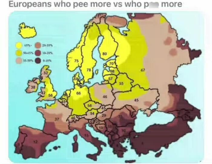 Map of Europe showing data comparing Europeans who pee more versus those who p**p more, highlighting interesting geography facts.
