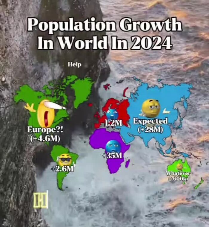 World population growth map in 2024 showing expected increases across continents with illustrated emojis.