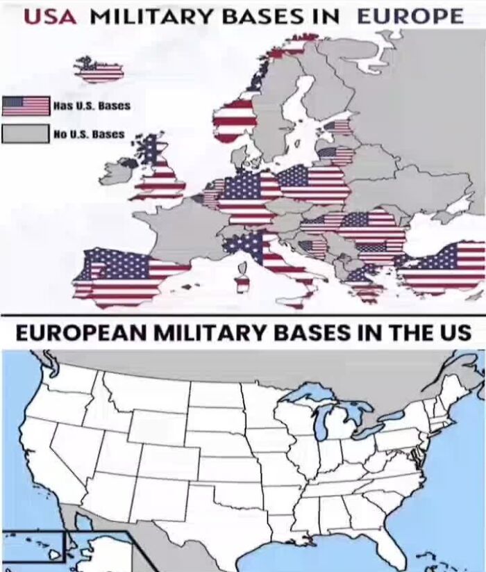 Map showing locations of USA military bases in Europe and European military bases in the US, related to geography facts and maps.