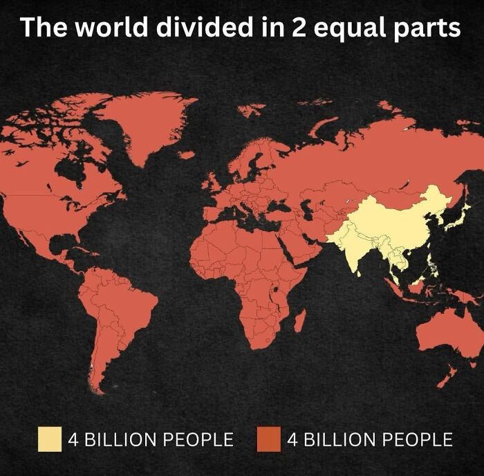 Map showing the world divided into two equal parts by population, highlighting unique geography facts and maps.