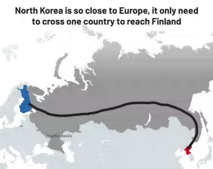 Map showing North Korea's proximity to Europe, highlighting the shortest route crossing one country to reach Finland.