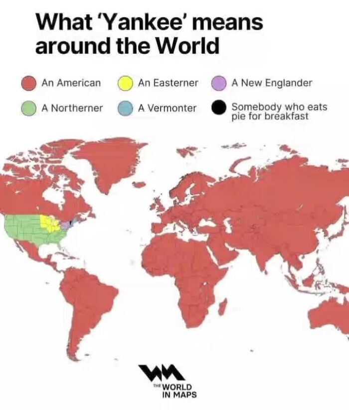 World map showing regional meanings of the term Yankee with color-coded geography facts and interesting cultural variations.