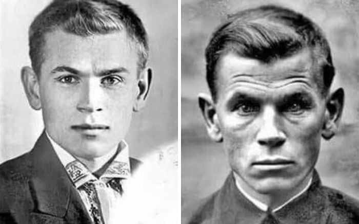 Side-by-side black and white photos of two men showcasing unique facial features in unusual comparisons.