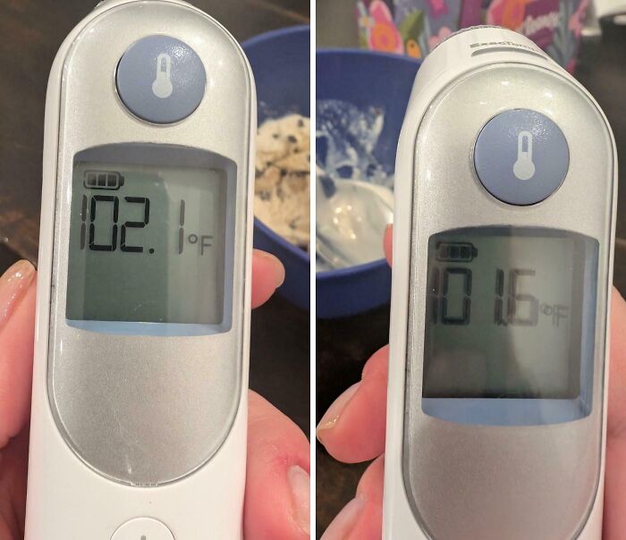 Side-by-side comparison of two digital thermometers showing different temperature readings in Fahrenheit.