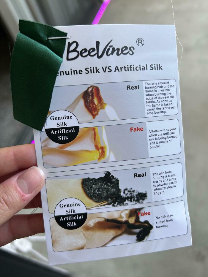 Comparison chart showing genuine silk versus artificial silk burning tests with real and fake results for fabric analysis.