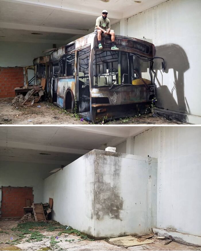 Man sitting on top of a realistic bus mural comparison showing an abandoned room with a plain concrete structure inside.