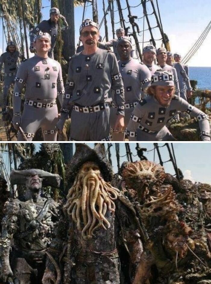 Comparison of actors in motion capture suits and the final CGI characters from a pirate-themed movie scene on a ship.