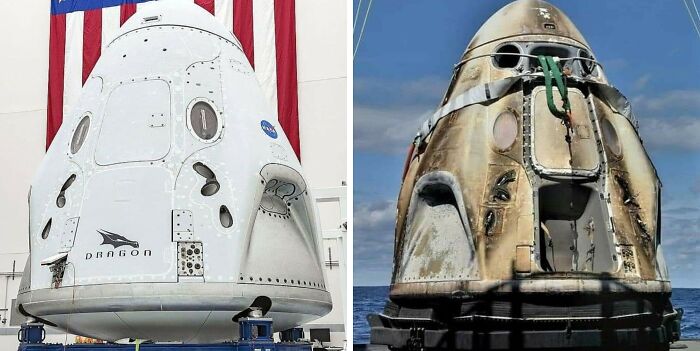 Comparison of a new SpaceX Dragon capsule and an older burned space capsule side by side outdoors under the sky.