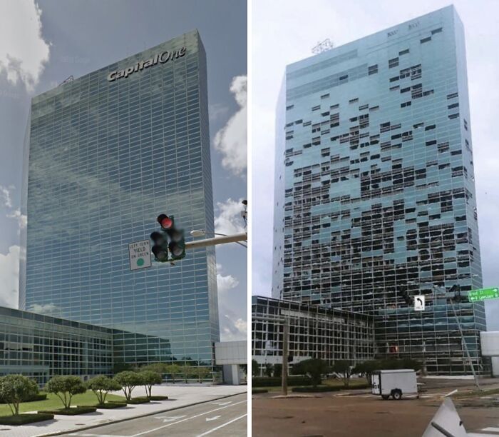 Side-by-side comparison of two tall office buildings with glass exteriors in an urban setting.