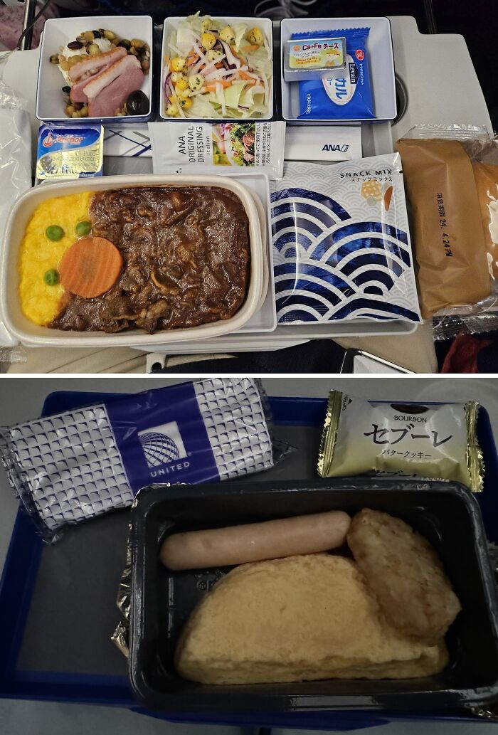 Comparison of two airline meals featuring a beef dish with sides and a breakfast tray with sausage and bread.
