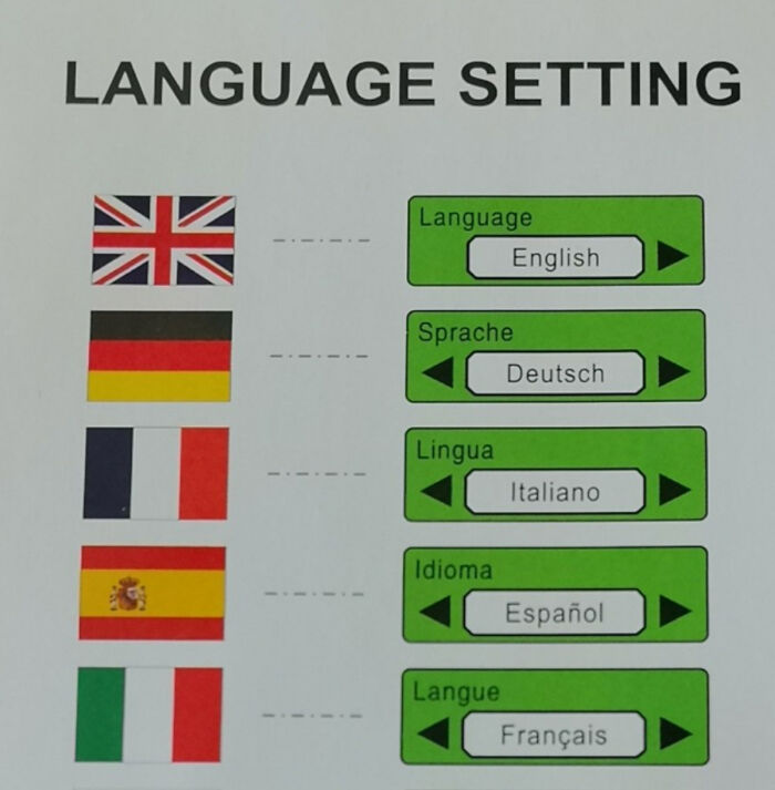 Language setting options showing flags and misspelled language names in a hilarious preventable fail.