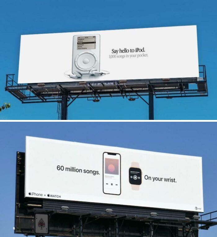 Billboard comparisons showing evolution from iPod with 1,000 songs to iPhone and Apple Watch with 60 million songs.