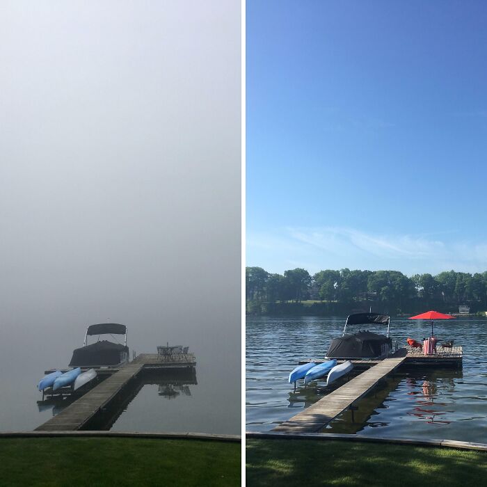 Side-by-side lake dock comparisons showing foggy versus clear weather with boats and kayaks on calm water.