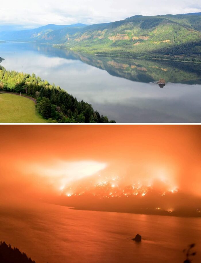 Comparison of a calm river landscape with green hills and the same area engulfed in a wildfire at night, showcasing striking contrasts.