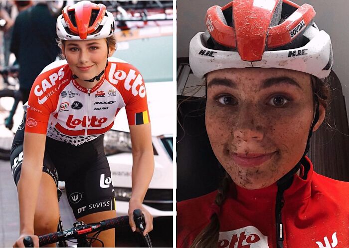Side-by-side comparison of a female cyclist before and after a muddy race, highlighting gritty endurance and clean performance.