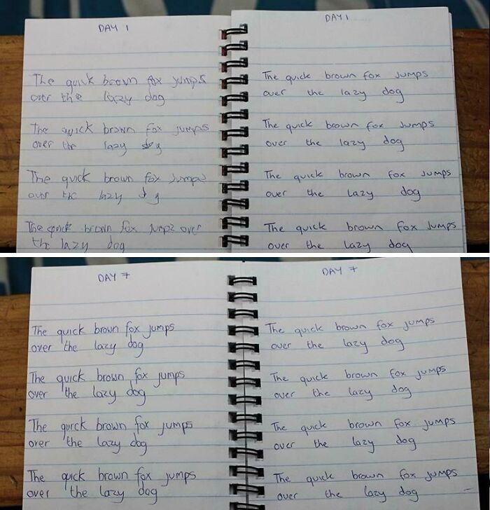Handwritten comparison of penmanship improvement over seven days in a spiral notebook showing consistent sentence practice.