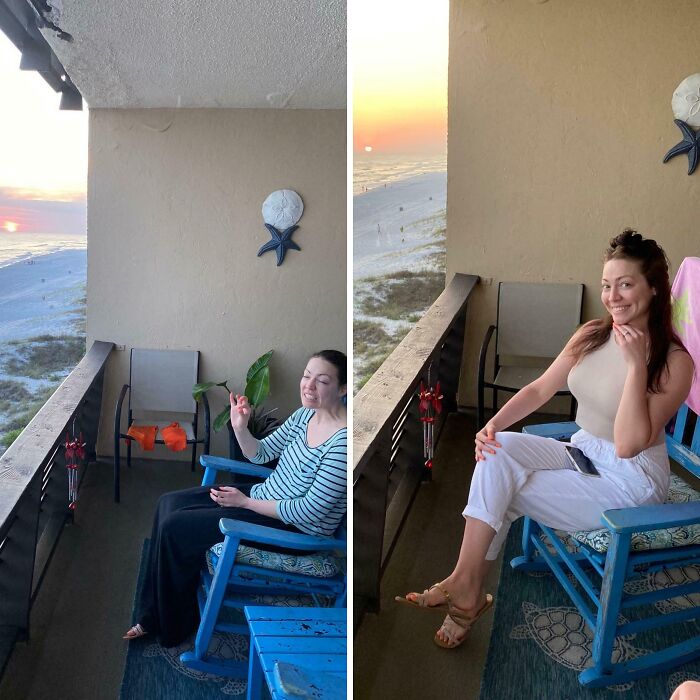 Two women sitting on a balcony in blue rocking chairs, overlooking a beach at sunset in casual clothing comparison.