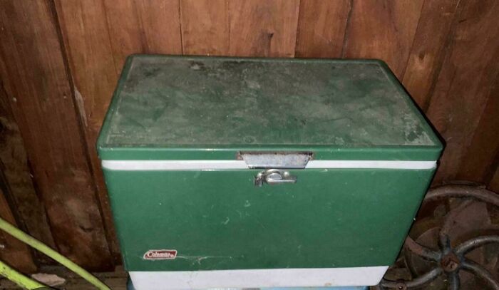 Old green Coleman cooler with a metal latch, showing signs of wear and nostalgia in a wooden shed corner.