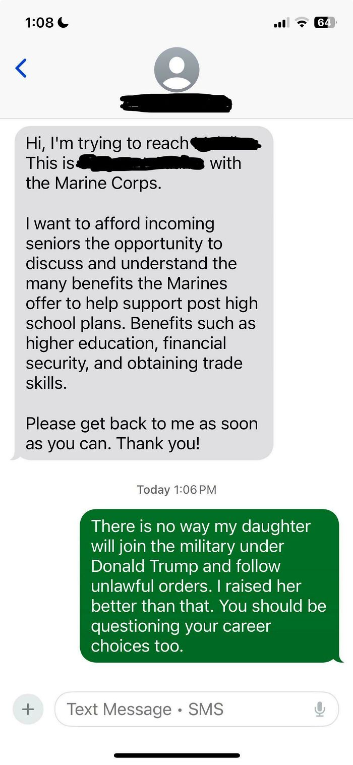 Text message exchange showing an attempt to recruit for the Marine Corps met with a firm refusal.