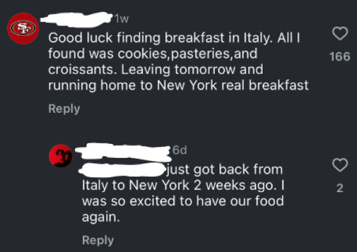 Social media comments showing confused statements about finding breakfast in Italy, illustrating dumbest things Americans posted.