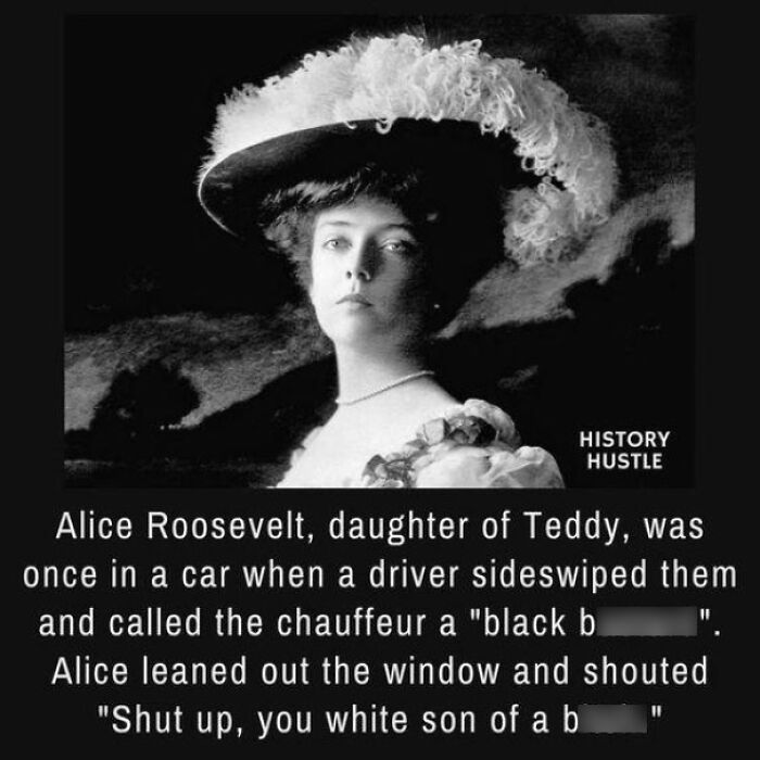 Alice Roosevelt in vintage attire, known for chaotic good actions by standing up for herself in a tense situation.