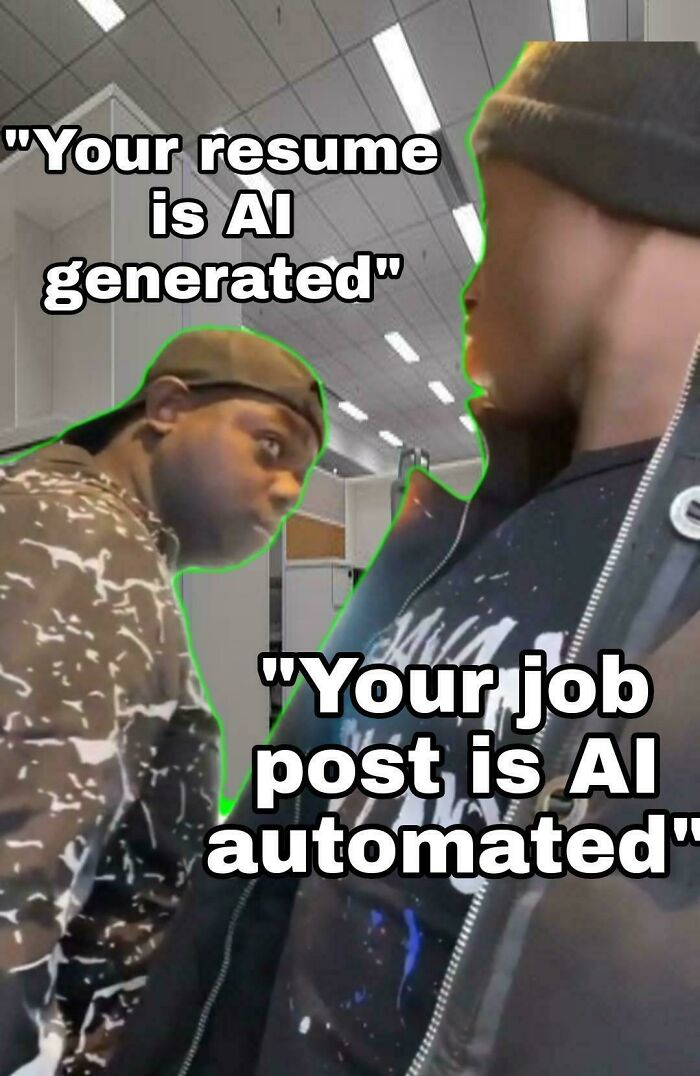 Man reacting to outrageous job requirements about AI generated resumes and AI automated job posts in office setting.