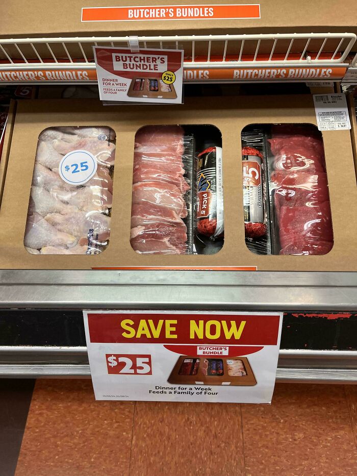 Butcher's bundle meat pack displayed in a grocery store offering dinner for a week for $25, moderately interesting find.