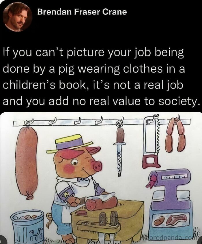 A humorous sentence about jobs paired with a children's illustration of a pig wearing clothes and slicing meat.