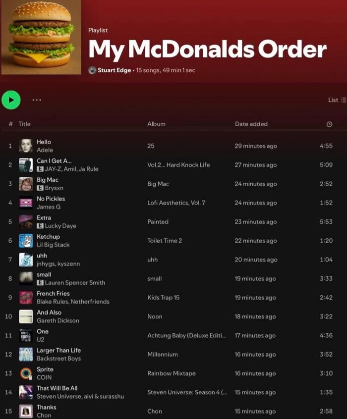Playlist titled My McDonalds Order with witty song titles related to fast food, showcasing people being too witty for their own good.