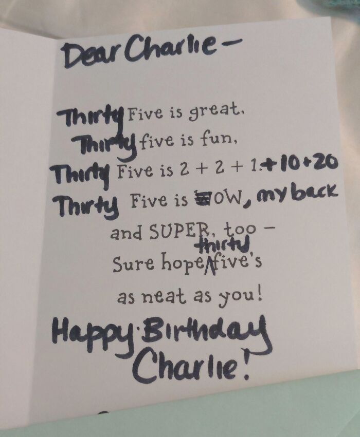 Handwritten witty birthday card mixing math and words creatively for Charlie, showcasing clever humor and wordplay.
