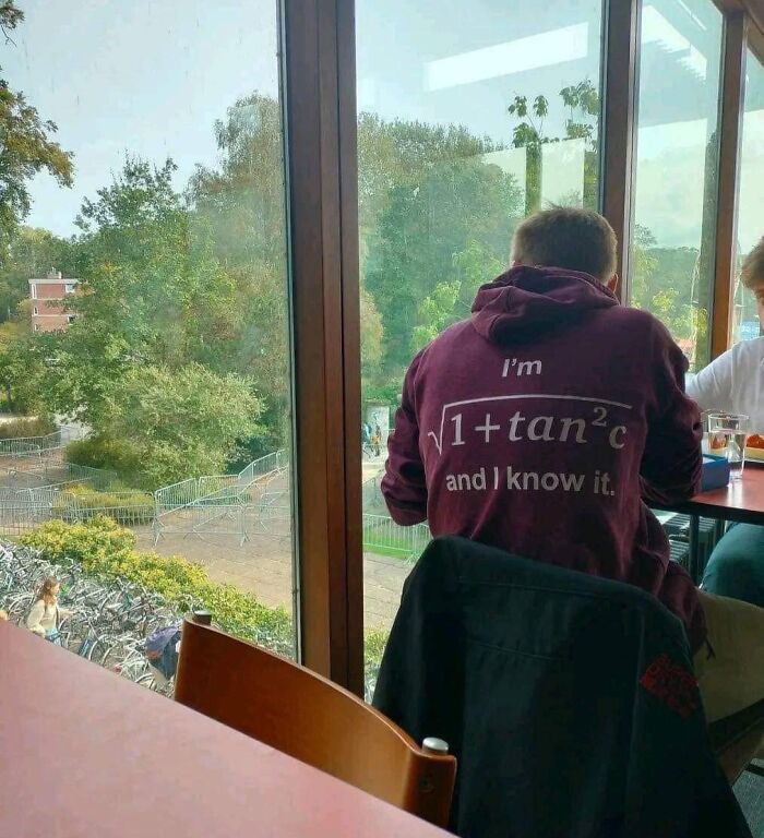 Person wearing a witty hoodie with math humor sitting by a window, perfectly capturing cleverness and wit outdoors.