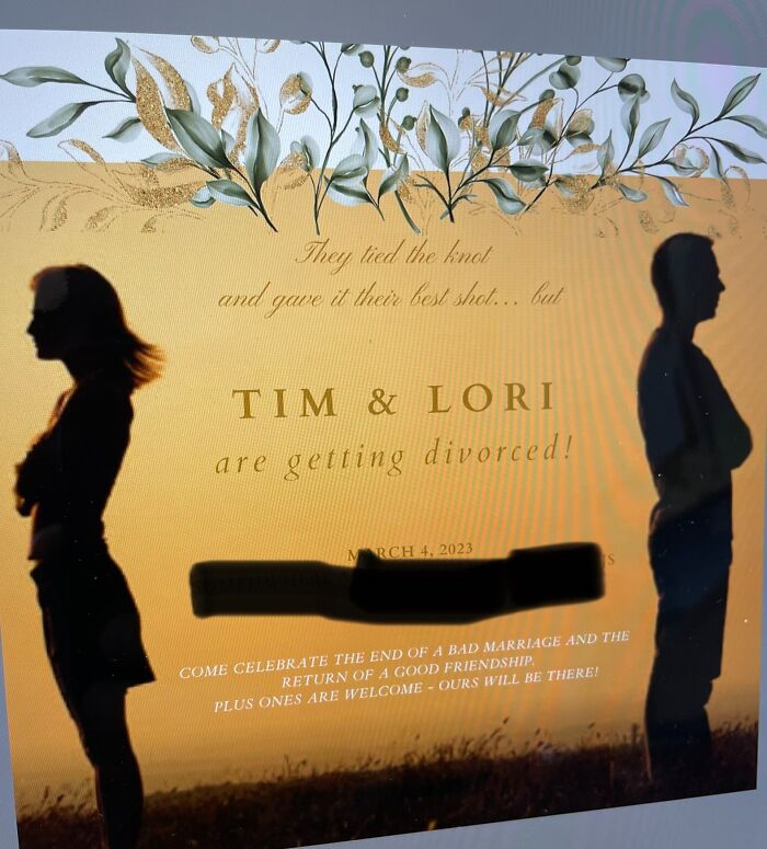 Divorce announcement with witty message, featuring silhouettes of a man and woman facing away on an orange background.