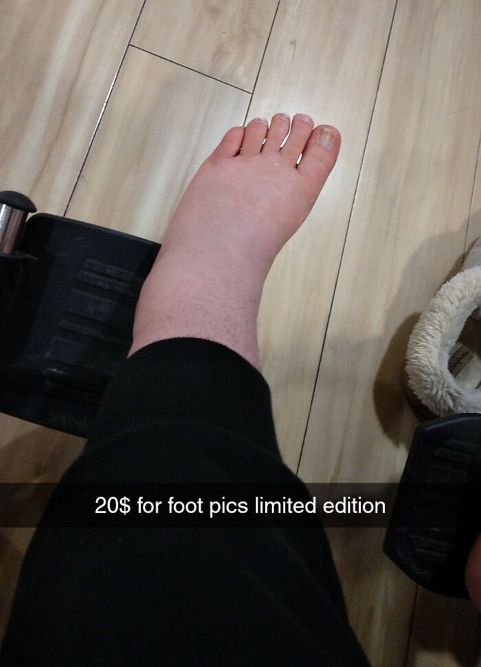 A witty barefoot selfie on wooden floor with humorous caption offering limited edition foot pictures for sale.