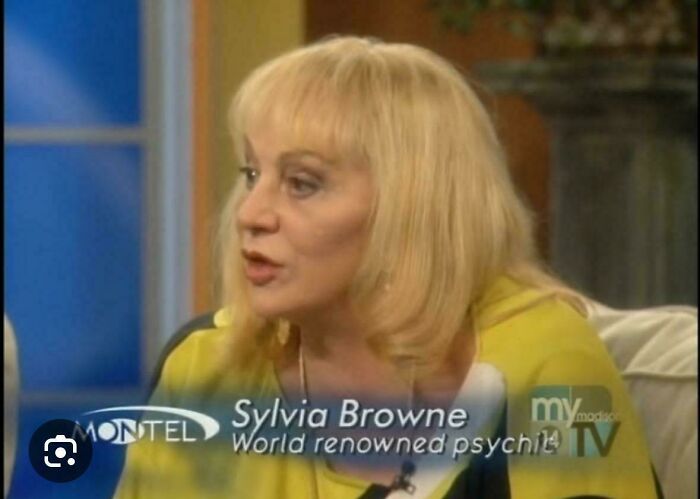 Sylvia Browne on Montel show, wearing yellow, representing 90s posts to unlock memories from the decade.