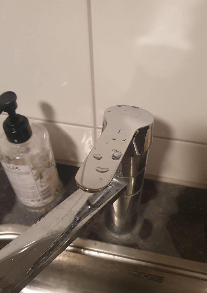 Random objects that look like faces with water drops creating a happy face on a shiny kitchen faucet handle.