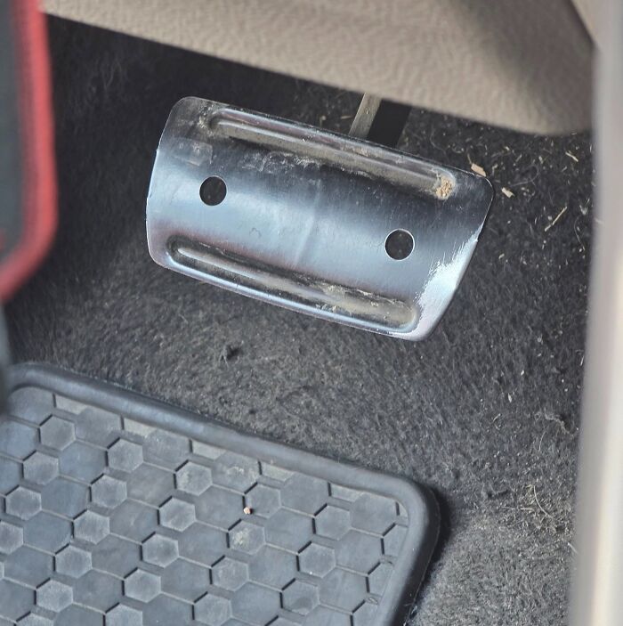 Car pedal with holes and marks resembling a face, an example from random objects that look like faces.
