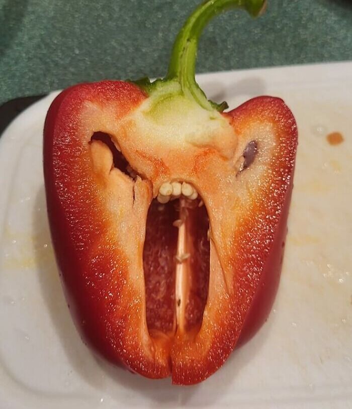 Red bell pepper cut in half showing seeds that resemble a shocked face, from random objects that look like faces.