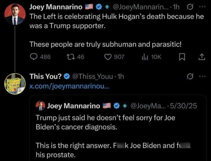 Screenshot of a social media post showing a failed attempt at political commentary with offensive language.