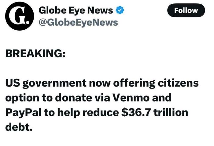Screenshot of a Globe Eye News tweet about US government offering donation options via Venmo and PayPal to reduce debt.