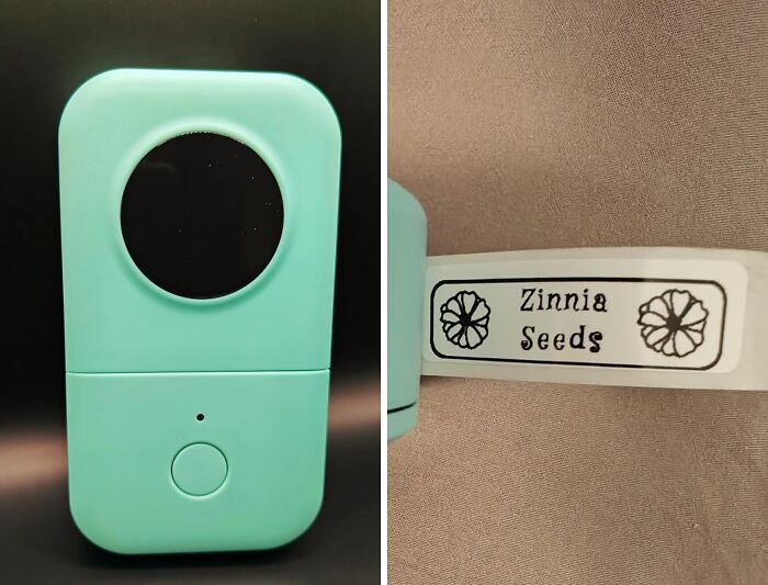 Compact label maker in teal with printed label reading Zinnia Seeds, a back to school find for organization and planning.